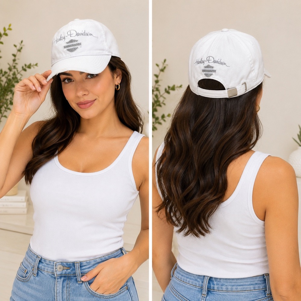 Harley Davidson Hat Women OS White Distressed Studded Logo Baseball Cap Biker